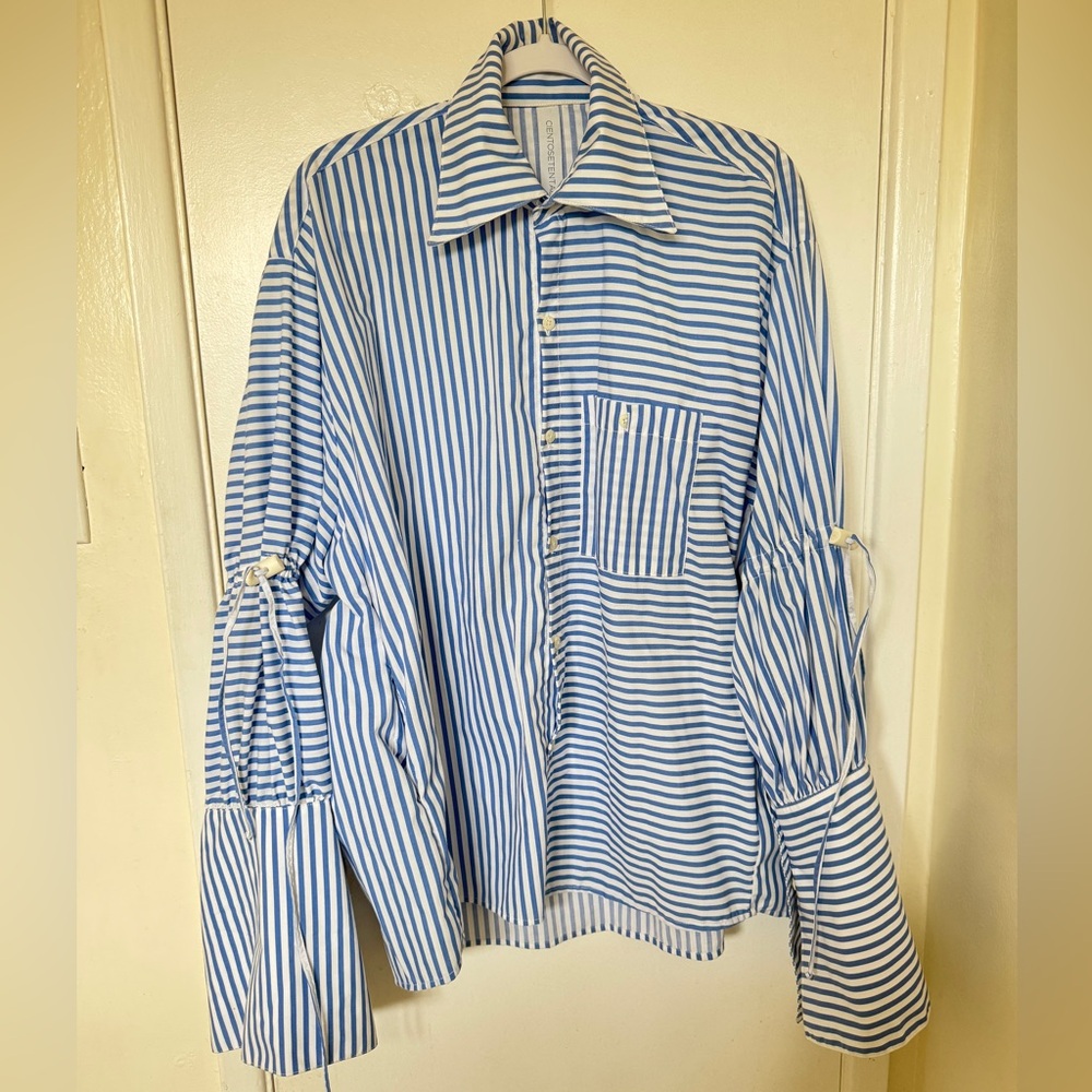 Designer Blue and White Striped Oversized Blouse with Extra Long Sleeves!
